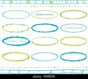 Vettore Collezione di retro scarabocchiati cornici ovali con disegnati a mano stile di verde e blu Illustrazione Vettoriale