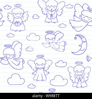 Seamless sfondo con piccoli angeli. Schizzo su pagina del notebook in stile scarabocchio. Infinite texture possono essere usati per riempimenti, pagina web sfondo, b Illustrazione Vettoriale