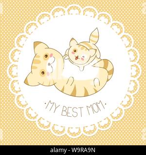 Il mio miglior mom. Sfondo vettoriale con gatti carino in stile kawaii e punti pattern. Giornata della madre card. Banner, ripostiglio, holiday poster per scrapbooking, g Illustrazione Vettoriale