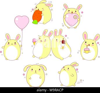 Raccolta di graziosi conigli con diverse emozioni in stile kawaii Illustrazione Vettoriale