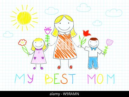 Il mio miglior mom. La famiglia felice - madre e suo figlio e figlia con fiori. Disegno vettoriale sulla pagina del notebook su doodle stile. Festa della mamma Illustrazione Vettoriale