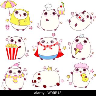 Raccolta di grazioso panda in situazioni diverse (dormire, mangiare, balneazione, passeggiate all'aperto) e costumi (chef, supereroe), in stile kawaii Illustrazione Vettoriale