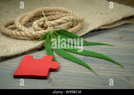 Tipi concettuale di prodotti a base di cannabis Concetto di immagine con una foglia di cannabis, in legno rosso puzzle pezzo e naturali in fibra di canapa corda Foto Stock