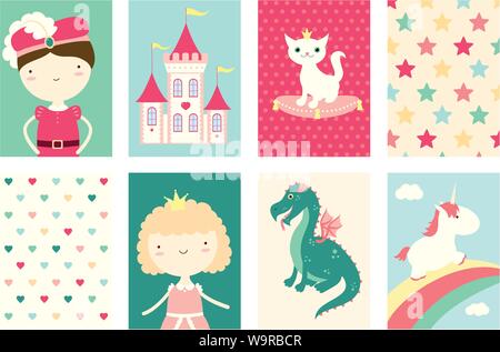 Raccolta di banner, flyer, cartellone con cute princess, principe, dragon, Unicorn, cat. Set di poster per Scrapbooking. Template vettoriale card per il messaggio di saluto, Illustrazione Vettoriale