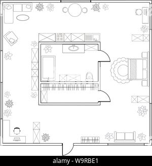 Abstract piano vettoriale di una sola camera da letto appartamento monolocale con cucina, bagno, biancheria per la camera da letto, salotto, sala da pranzo Illustrazione Vettoriale