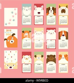 Calendario mensile 2018 con cute cane - bull terrier, husky, San Bernardo, cane Jack Russell Terrier, basset-hound. Set di vettore verticale templa modificabile Illustrazione Vettoriale