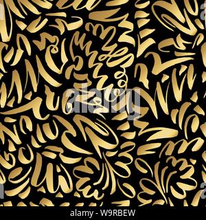 Golden Seamless Pattern con oro slava calligrafia i tratti di pennello. I colori nero e bianco per tessuto superficie di progettazione Illustrazione Vettoriale