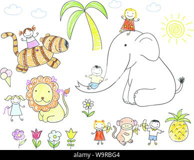 Felici i bambini e gli animali - elefanti, leoni, tigri e scimmie. Schizzo in doodle stile. EPS8 Illustrazione Vettoriale