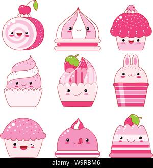 Set di vettore di vaniglia, mirtillo, ribes, fragole jelly, gelato, marshmallows, tortina con berry. In stile kawaii con volti sorridenti, rosa che Illustrazione Vettoriale