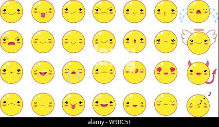 Funny kawaii style emoticon smileys set. Di colore giallo con volti sorridenti, rosa le guance e baluginare gli occhi. Per il web design. EPS8 Illustrazione Vettoriale