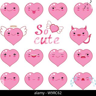 Funny smiley, kawaii style emoticon icon set. Valentino cuori di colore rosa con volti sorridenti, rosa le guance e baluginare gli occhi. Per il web design. EPS8 Illustrazione Vettoriale