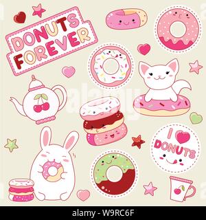 Set di carino ciambella icone in stile kawaii con volto sorridente e guance rosa per il dolce design. Adesivo con iscrizione io amo le ciambelle e bomboloni per sempre. Illustrazione Vettoriale