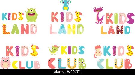 Set di Kids Land e Kids Club scritte con lettere colorate in Cartoon carino mostri forma. Per i bambini il design. EPS8 Illustrazione Vettoriale