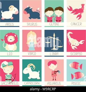 Set di banner, flyer, cartellone con cute princess, principe e animali - simboli dello zodiaco. Set di poster per Scrapbooking. Scheda vettore per l'invito, greeti Illustrazione Vettoriale