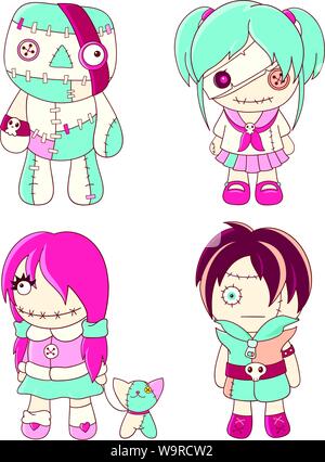 Raccolta di carino bambole voodoo in stile kawaii. Zombie, schoolgirl, Ragazza con gatto, ragazzo. EPS8 Illustrazione Vettoriale
