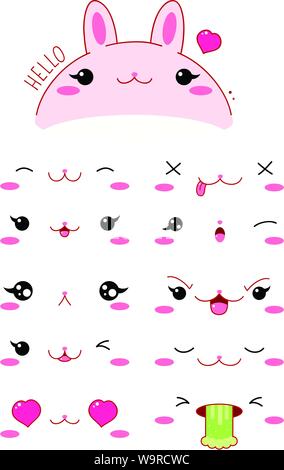 Carino coniglio divertente per impostare diverse emozioni. Kawaii style emoticon icon set con le guance rosa e baluginare gli occhi. EPS8 Illustrazione Vettoriale