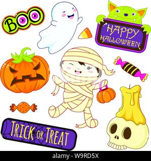 Set di simpatici personaggi di Halloween e ornamenti - boy in costume mummia, ghost, candy, candela sul cranio, zucca, monster, adesivo con iscrizione trucco Illustrazione Vettoriale