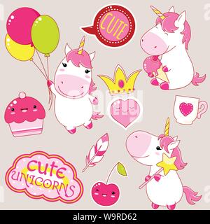 Set di unicorns carino in stile kawaii. Unicorn con la bacchetta magica, il palloncino e gelato, piante in vaso, corona, cup, piume, ciliegia, adesivo con in Illustrazione Vettoriale