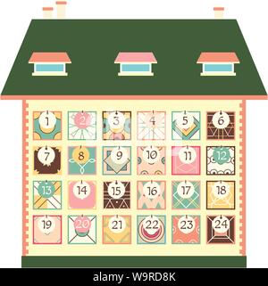 Natale calendario dell'Avvento con la casa e la piazza patchwork le icone con i numeri in stile retrò. Buon Natale design. EPS8 Illustrazione Vettoriale