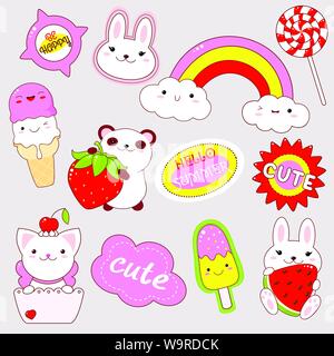 Set di icone carino in stile kawaii. Panda wuth fragola, bunny con cocomero, gelato, rainbow, cat, adesivo con iscrizione carino, ciao summe Illustrazione Vettoriale