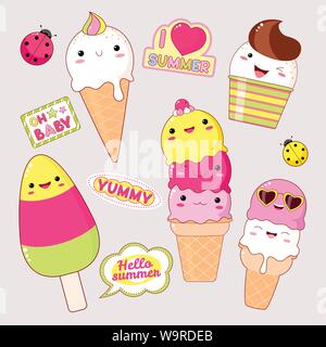 Set di carino gelato icone in stile kawaii con volto sorridente e guance di rosa. Gli adesivi con iscrizione yummy, ciao estate, io amo estate, baby oh. Illustrazione Vettoriale