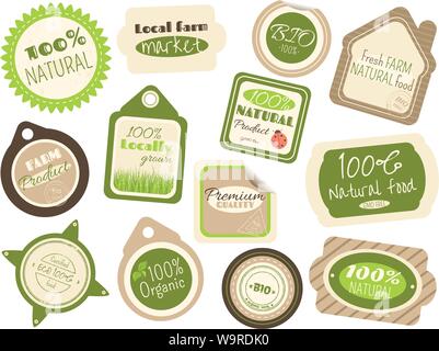 Set di etichette e adesivi in stile retrò con letterings per agriturismo negozi di alimentari. Eco Bio e concetto. Iscrizioni 100% naturale, qualità, certif Illustrazione Vettoriale