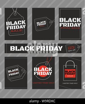 Venerdì nero vendita orizzontale e verticale set di banner. Promozione sfondo, flyer, ripostiglio, poster e adesivo con etichetta e testo in nero, scuro gra Illustrazione Vettoriale