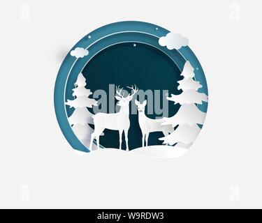 Amore coppia di cervi nel campo invernale con cornice in carta tagliata stile. Creative illustrazione vettoriale celebrazione del Natale. Il giorno di San Valentino del concetto. Backdro Illustrazione Vettoriale