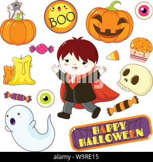 Set di simpatici personaggi di Halloween e ornamenti - boy in costume vampiro, ghost, candy, cranio, zucca, candela, torta, adesivo con iscrizione boo, Hap Illustrazione Vettoriale