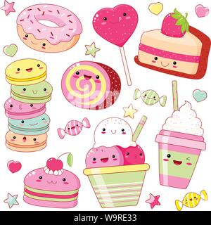 Set di carino dolce icone in stile kawaii con volto sorridente e guance rosa per il dolce design. Adesivo con iscrizione così carino. Ice Cream, candy, ciambella, Illustrazione Vettoriale