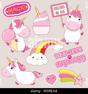 Set di unicorns carino in stile kawaii. Unicorn con gelato, rainbow, adesivo con iscrizione magic, credo in unicors. EPS8 Illustrazione Vettoriale