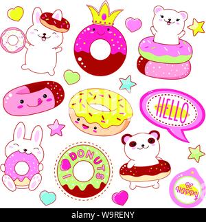 Set di carino ciambella icone in stile kawaii con volto sorridente e guance rosa per il dolce design. Adesivo con iscrizione io amo le ciambelle e di essere felice. Bunny Illustrazione Vettoriale