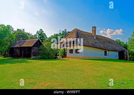 Örség, Wächterregion, Museumsdorf, Pityerszer, Häuser, Reetdach Foto Stock