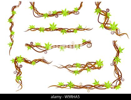 Vite insieme di piante verdi selvatici liane rami piatta illustrazione vettore isolato su sfondo bianco. Illustrazione Vettoriale