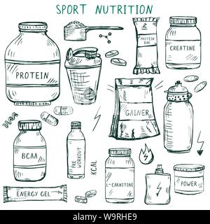 Set di disegnati a mano sport nutrition voci: Illustrazione Vettoriale