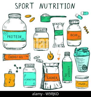 Set di disegnati a mano sport nutrition voci: Illustrazione Vettoriale