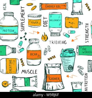 Modello senza cuciture con disegnati a mano sport nutrition elementi Illustrazione Vettoriale