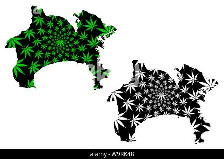 Prefettura di Kanagawa (divisioni amministrative del Giappone, Prefetture del Giappone) mappa è progettato Cannabis leaf verde e nero, Kanagawa mappa fatta di mari Illustrazione Vettoriale