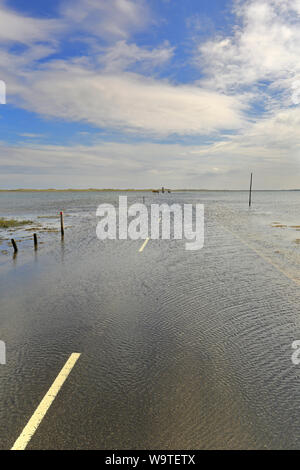 Lindisfarne Causeway verso il rifugio e Isola Santa ad alta marea, Lindisfarne, Northumberland, Inghilterra, Regno Unito. Foto Stock
