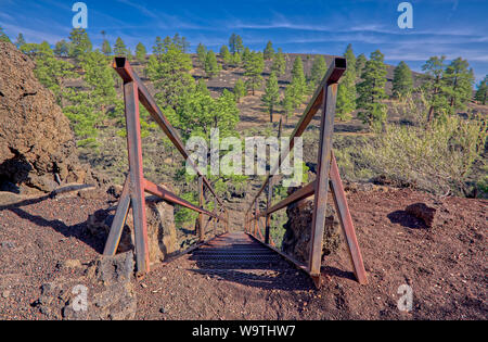 Passi che conducono in una fossa di lava, Flusso di Lava Trail, Sunset Crater National Monument, Arizona, Stati Uniti Foto Stock