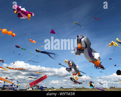 Aquiloni volare nel cielo di un Kite Festival, Fanoe, Danimarca Foto Stock