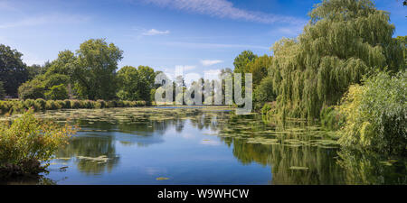 Salici e stagno al Vyne, risalente al XVI secolo country house e la station wagon, vicino a Basingstoke, Hampshire, Inghilterra Foto Stock