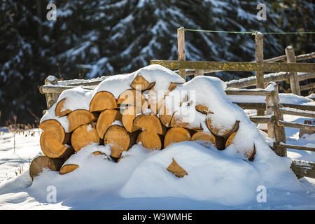 Ordinatamente impilate a pacco di secco tritata tronchi di legno ricoperto di neve all'aperto sul luminoso freddo inverno giornata soleggiata, sfondo astratto, Fuoco tronchetti di legno preparati Foto Stock