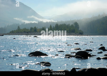 Pietre in acqua. Nebbia di mattina. Fiume di Katun, Altai, Russia Foto Stock