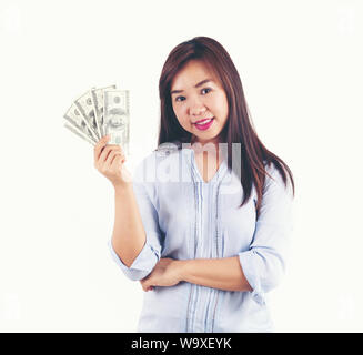 Donna asiatica prendendo un sacco di soldi Foto Stock