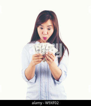 Donna asiatica prendendo un sacco di soldi Foto Stock