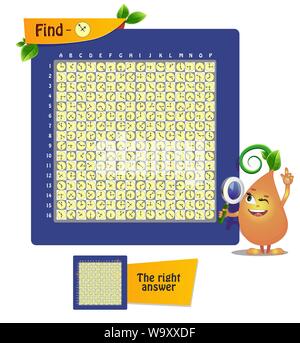 Gioco educativo per bambini e adulti. Conto di gioco, osservazione, iq. Trovare il tempo per ora Illustrazione Vettoriale