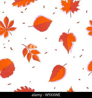 Seamless pattern foresta rosso con foglie di autunno. Caduta piatta sullo sfondo bianco. Il vettore isolato sfondo. Illustrazione Vettoriale