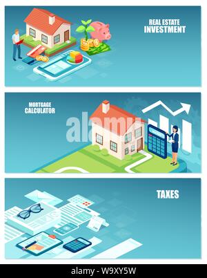 Investimenti in immobili, home acquirente spese e tasse i calcoli di set di banner di concetto Illustrazione Vettoriale