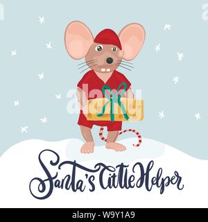 Vettore di Natale mouse. Illustrazione del fumetto. Topi cute con il formaggio e il lettering preventivo. Santas little helper. Illustrazione Vettoriale